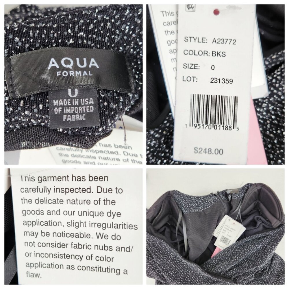 AQUA Metallic Ruched Faux Wrap Mini Dress Black Silver Puff Sleeve NWT Size 0 - Picture 2 of 8